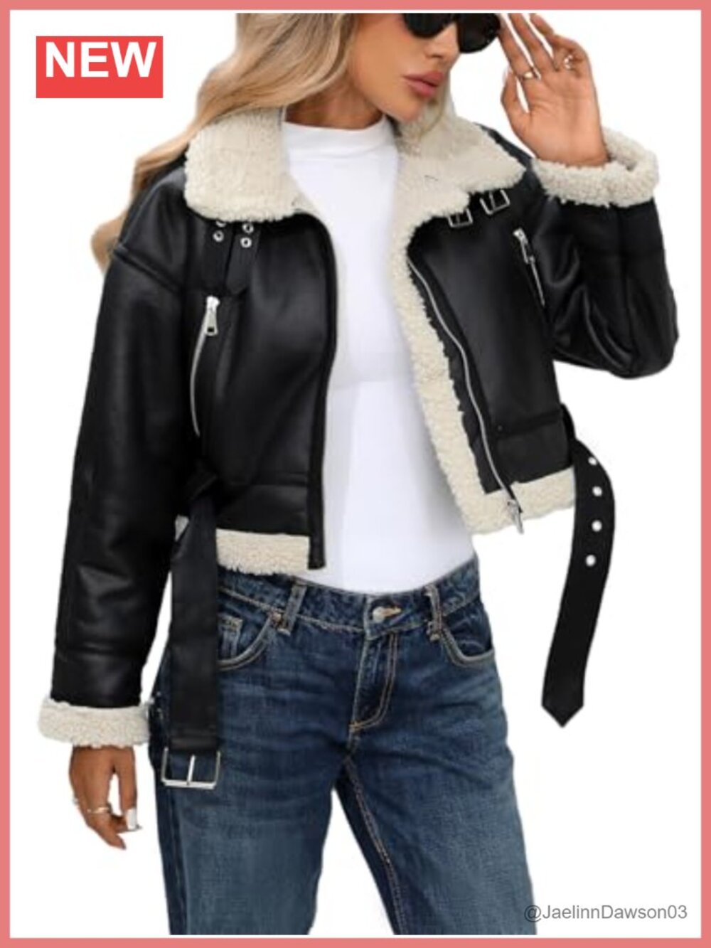 Faux Lamb Fur Faux Leather Cropped Aviator Bomber Jacket Zip Front